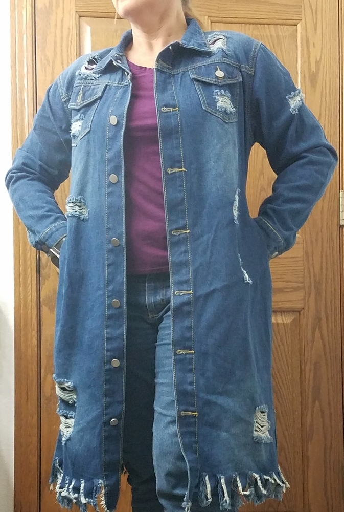 Wm long denim distressed jacket
